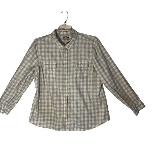 Plaid Tops - Plaid Flannel Button-Up Shirt Womens Gray & White Long Sleeve